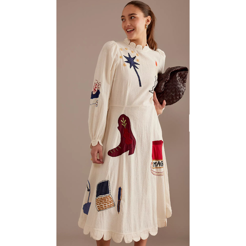 STELLA NOVA IVORY CIRCUS PRINTED APPLIQUE COTTON-SEERSUCKER MIDI DRESS SZ M US 8 - Picture 7 of 16